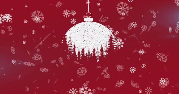 Afbeelding Van Kerstbal Sneeuw Die Rode Achtergrond Valt Kerstmis Winter — Stockfoto