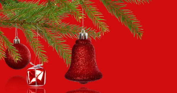Image Christmas Tree Decorations Red Background Christmas Tradition Celebration Concept — Stock Photo, Image