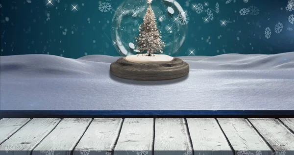 Image Snow Falling Glowing Spots Snow Globe Tree Blue Background — Stock Photo, Image