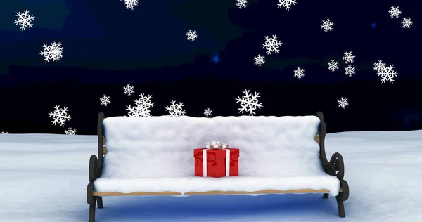 Immagine Natale Presente Panchina Con Neve Sopra Neve Che Cade — Foto Stock