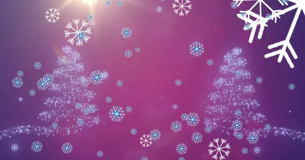 Afbeelding Van Sneeuw Vallende Kerstboom Patroon Paarse Achtergrond Kerstmis Traditie — Stockfoto