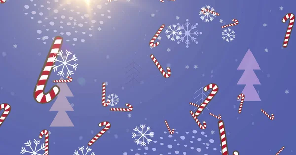 Lehulló Hópelyhek Képe Egy Cukornád Kék Háttérrel Karácsony Hagyomány Ünnepség — Stock Fotó
