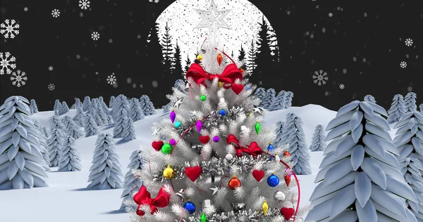 Bild Von Weihnachtsbaum Mit Dekorationen Über Schnee Fallen Und Winterlandschaft — Stockfoto