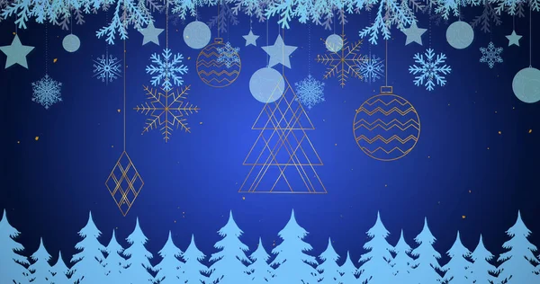 Afbeelding Van Kerstballen Vallende Sneeuw Dennenbomen Blauwe Achtergrond Kerstmis Traditie — Stockfoto