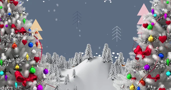 雪の秋と冬の風景の上に装飾とクリスマスツリーのイメージ クリスマス お祝いのコンセプトをデジタルで — ストック写真