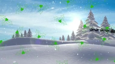 Kış manzarası boyunca yağan kar, ökseotu, kızak ve yağmur geyiği animasyonu