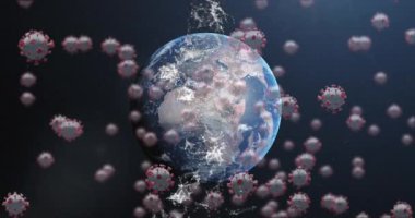 Covid 19 hücre ile dönen DNA iplikçiklerinin animasyonu, kıtaların arka planda kırmızıya döndüğü dünya. Küresel tıp koronavirüs salgını konsepti dijital olarak oluşturulmuş görüntü.