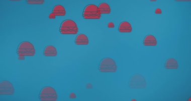 Mavi arka planda yüzen birden fazla kırmızı hamburgerin animasyonu. Fast food ve yeme konsepti dijital olarak üretilen video.