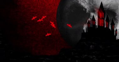 Cadılar bayramı perili evinin üzerinde uçan siyah ve kırmızı yarasaların animasyonu. Korku, korku, cadılar bayramı geleneği ve dijital olarak üretilen video konsepti.