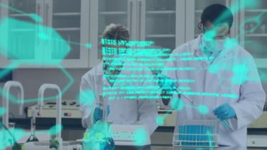 Veri işleme, dijital insan beyni modeli ve laboratuvarda çalışan doktorların moleküllerinin animasyonu