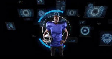 Afrika kökenli Amerikalı erkek rugby oyuncusunun animasyonu siyah arkaplanda tarama yapıyor.