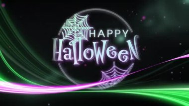 Mutlu cadılar bayramı animasyonu ve örümcekler siyah arka plandaki ışıkların üzerine ağ örerler. Cadılar bayramı geleneği ve dijital olarak oluşturulan kutlama konsepti.