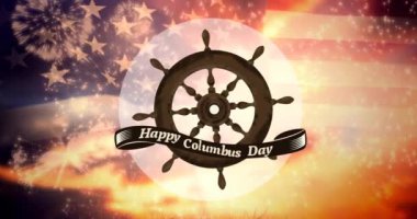 Direksiyon simidi animasyonu ve Amerikan bayrağı yerine mutlu Columbus Günü. Amerikan vatanseverliği, bağımsızlık ve kutlama konsepti dijital olarak oluşturulmuş video.