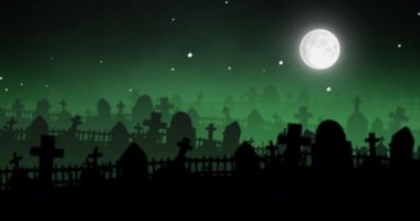 Cadılar Bayramı mezarlığı ve yeşil arka planda dolunay animasyonu. Korku, korku, cadılar bayramı geleneği ve dijital olarak üretilen video konsepti.