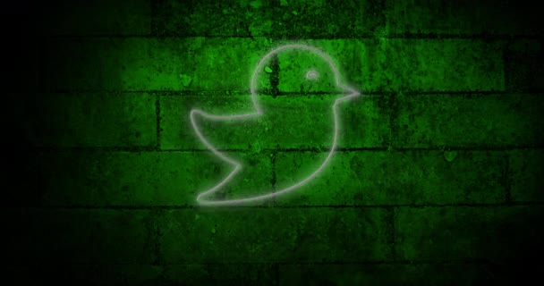 Animazione Icona Uccello Neon Incandescente Sul Muro Mattoni Social Media — Video Stock