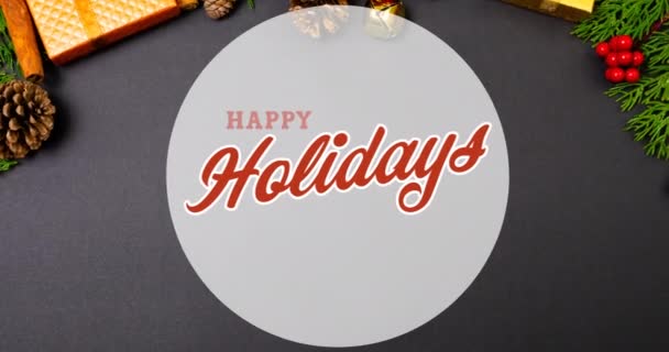 Siyah Arkaplandaki Hediyeler Üzerine Mutlu Bayramlar Metni Animasyonu Noel Gelenek — Stok video