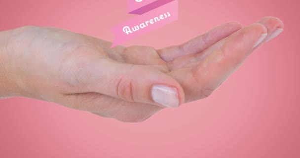 在粉色带子上 在女性的双手上 在粉色带子上动画乳腺癌意识文字 乳腺癌认识运动概念数字化生成的视频 — 图库视频影像
