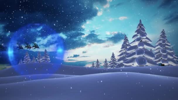 Animation von Christbaumschmuck, Schlitten und Rentieren über der Winterlandschaft