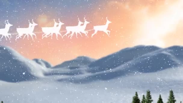 Анімація Падіння Снігу Санки Оленя Над Зимовим Пейзажем — стокове відео