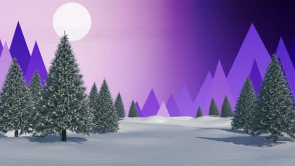 Animation Von Schnee Der Über Bäume Auf Blauem Hintergrund Fällt — Stockvideo