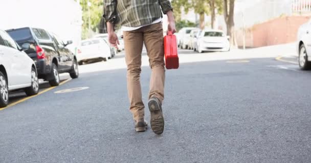 Rear View Caucasian Man Walking Road Carrying Fuel Jerrycan Transport — Stock Video