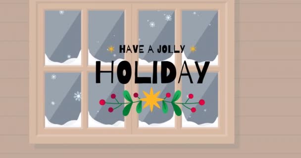 Animação Ter Feriado Azevinho Texto Natal Sobre Janela Nevada Inverno — Vídeo de Stock