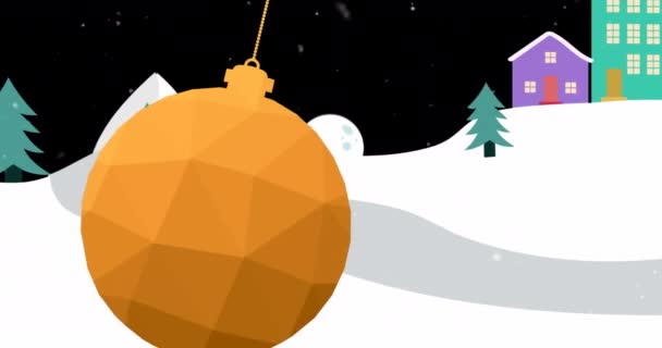 Анимация Падающего Снега Оранжевые Рождественские Безделушки Раскачивающиеся Зимним Пейзажам Рождество — стоковое видео