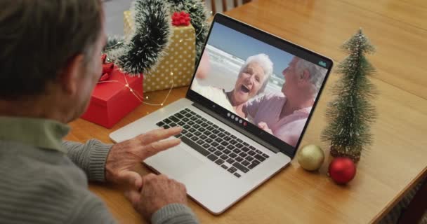 Caucasian Senior Man Video Call Laptop Senior Friends Christmas Time — Stock Video