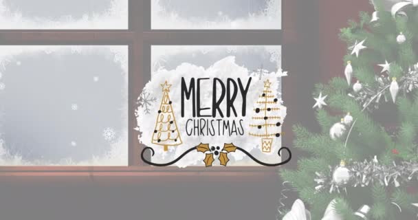 Анімація Веселого Різдвяного Тексту Над Ялинкою Зимовим Сніговим Вікном Різдво — стокове відео