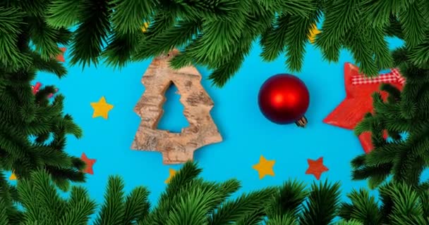 Animação Moldura Abeto Natal Sobre Decorações Fundo Azul Natal Tradição — Vídeo de Stock