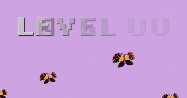蝶とピンクの背景にレベルアップのアニメーション コンピュータ ゲーム テクノロジーの概念をデジタルで生成し — ストック動画