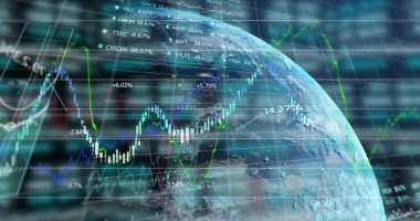 Finansal veri işleme ve Dünya üzerindeki istatistiklerin görüntüsü. Küresel işletmeler ağ oluşturma kavramını dijital olarak oluşturdu.