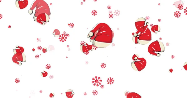 Imagem Queda Flocos Neve Chapéus Papai Noel Sobre Fundo Branco — Fotografia de Stock