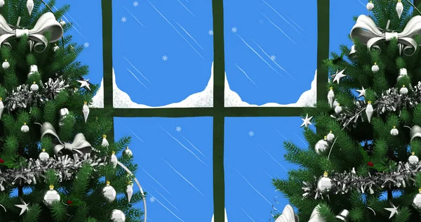 Imaginea Doi Copaci Crăciun Zăpadă Care Cad Văzute Prin Fereastră — Fotografie, imagine de stoc