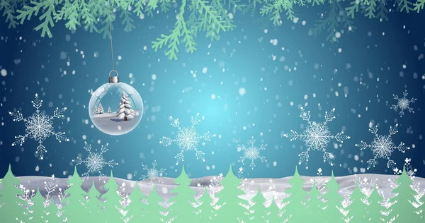 Imagen Nieve Cayendo Sobre Símbolos Navideños Sobre Fondo Azul Navidad — Foto de Stock