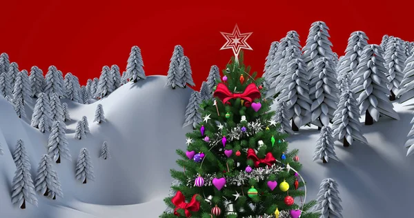 Immagine Abete Con Decorazione Paesaggio Invernale Sfondo Rosso Natale Tradizione — Foto Stock