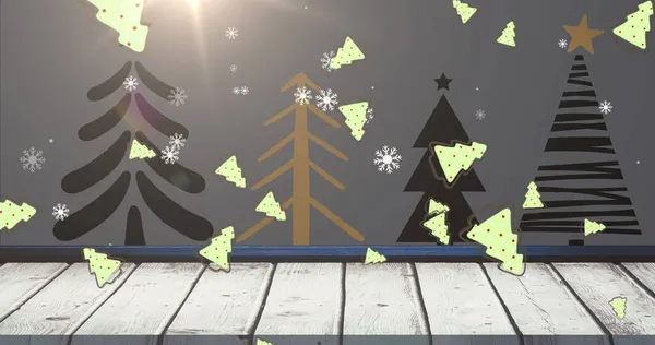 在黑色的背景上 雪和树在圣诞树上坠落的图像 圣诞节 传统和庆祝概念数字生成的图像 — 图库照片