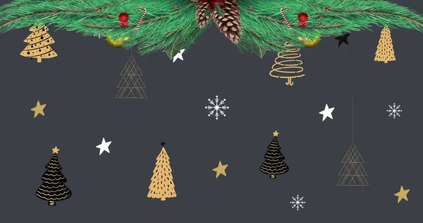 Obrázek Jedle Dekoracemi Přes Vánoční Stromky Hvězdy Černém Pozadí Vánoční — Stock fotografie