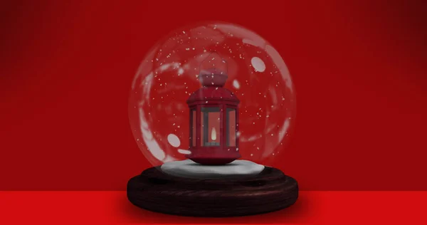 Kép Piros Lámpás Hógömb Felett Piros Háttér Karácsony Hagyomány Ünnepség — Stock Fotó