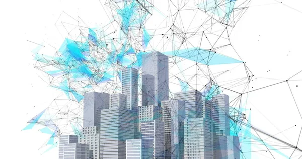 Bild Flytande Digitala Nätverk Anslutningar Över Modell Moderna Byggnader Vit — Stockfoto
