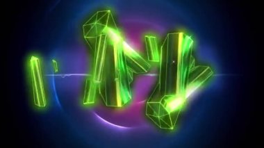 Yeşil kristallerin dijital animasyonu mavi arkaplandaki pembe spiral ışık izlerine karşı. Soyut doku kavramına sahip teknoloji arkaplanı