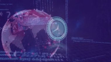 Mor arkaplanda veri işleme üzerine saat ve dünyanın animasyonu