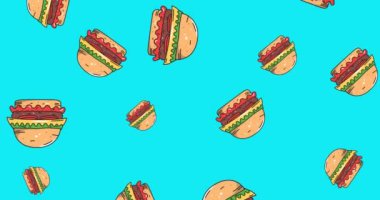 Mavi arka planda yüzen çoklu çizburgerlerin animasyonu. Fast food ve yeme konsepti dijital olarak üretilen video.