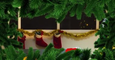 Arka plandaki kış gecesi penceresinin üzerindeki Noel ağacı çerçevesinin animasyonu. Noel, gelenek ve kış kutlaması konsepti dijital olarak oluşturuldu.