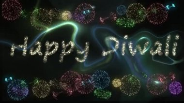 Siyah arka planda havai fişek gösterisinde mutlu diwali animasyonu. diwali geleneği ve dijital olarak üretilen video konsepti.