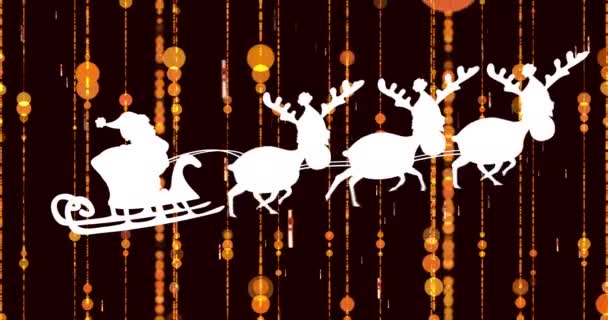 Animation Des Weihnachtsmannschlittens Über Goldene Kette Und Sterne Auf Schwarzem — Stockvideo