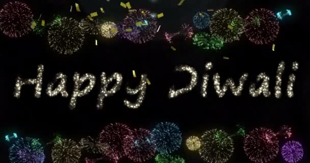 Animation Eines Fröhlichen Diwali Über Einem Feuerwerk Auf Schwarzem Hintergrund — Stockvideo