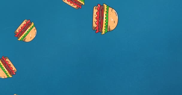 青い背景に浮かぶ複数のチーズバーガーのアニメーション ファーストフードや食事のコンセプトをデジタルで生成し — ストック動画