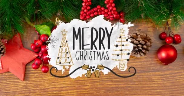 Animace Veselého Vánočního Textu Dekorací Dřevěném Pozadí Vánoční Tradiční Zimní — Stock video