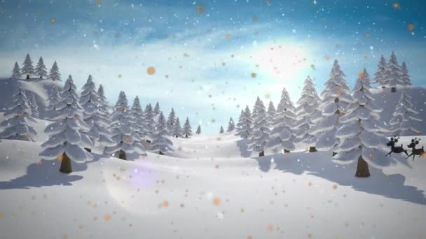 Animation Snow Falling Seasons Greetings Text Sledge Raindeer Winter Landscape — Stock Video